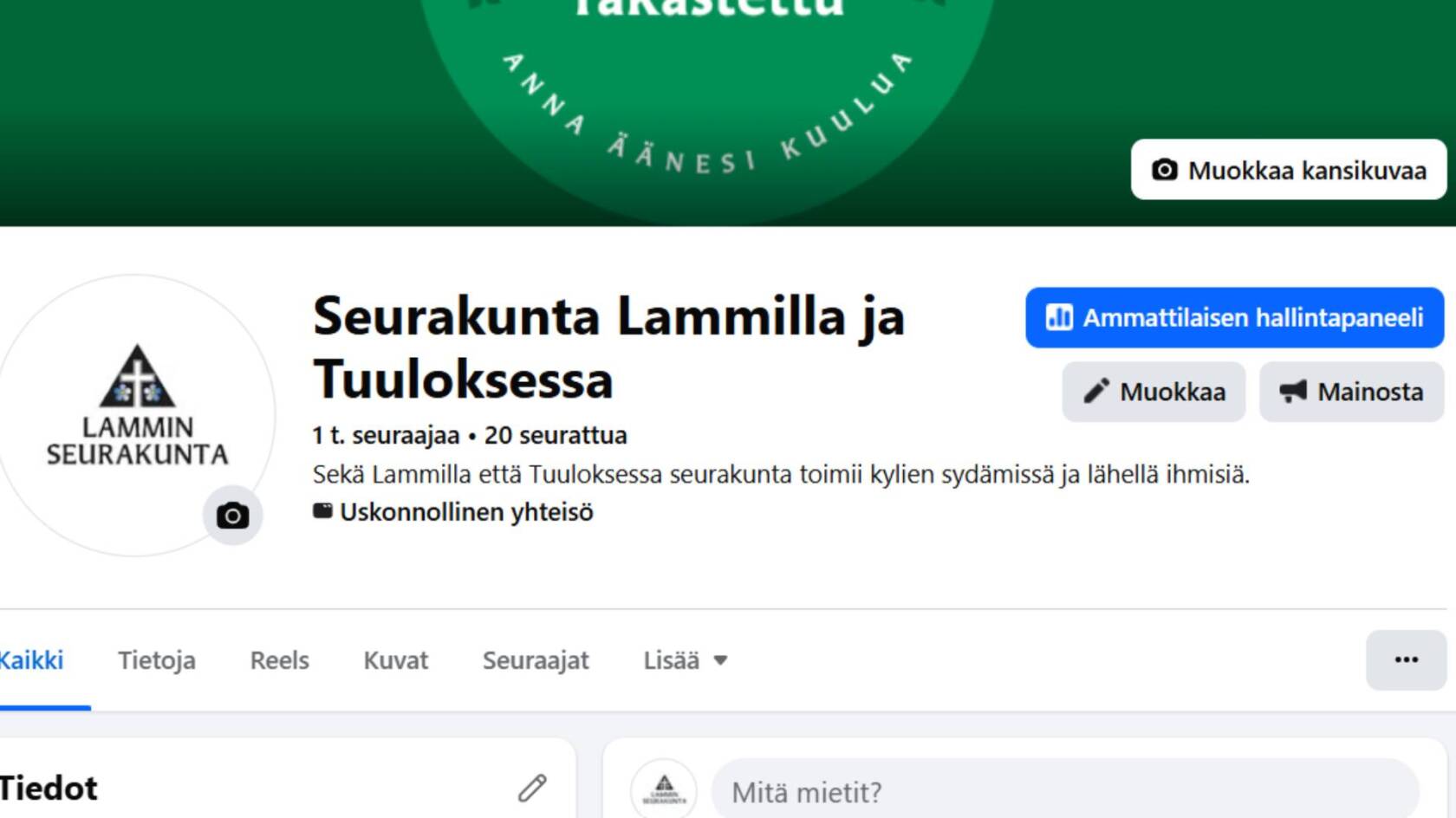 Lammin seurakunnan Facebook-sivun näkymä