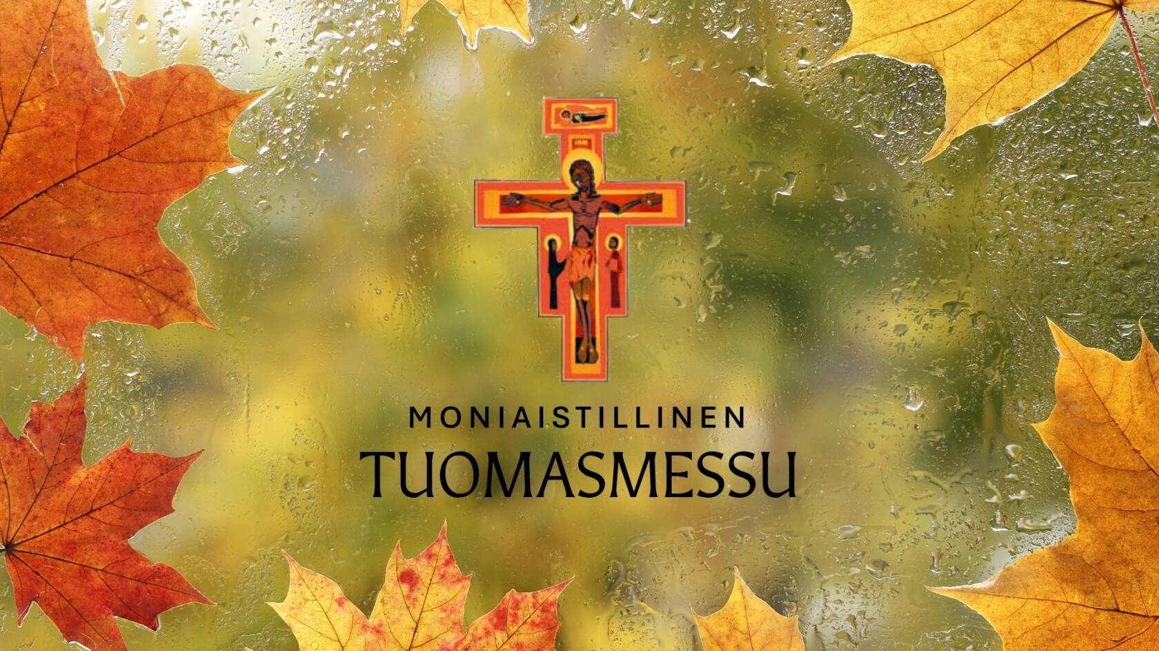 Kosteita syyslehtiä ja Tuomasmessu-logo