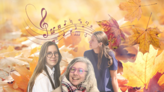Valoisia syyslehtiä taustalla ja etualalla artistit.